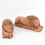 A pair of composition recumbent lion sculptures, length 32cm