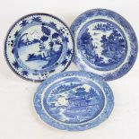 3 18th/19th century Chinese blue and white tin-glaze earthenware plates, landscape and pagoda