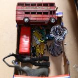 Modernist composition sculpture, Vintage style London Bus models, Hornby trains etc (boxful)