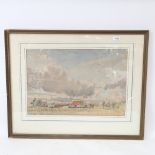 Mid-20th century watercolour, extensive farm landscape, unsigned, 14" x 21", framed