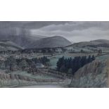 S R Badmin, watercolour, Welsh landscape, signed with Fine Art Society Exhibition label verso, 1933,