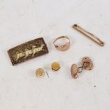 Various jewellery, including 9ct gold ring (A/F), 9ct bar brooch etc
