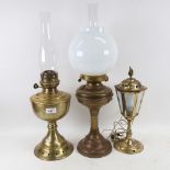 A Vintage brass duplex oil lamp, with milk glass shade and glass funnel, another similar, and a