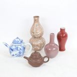Various Oriental ceramics, including blue and white teapot, flambe glaze vase, marbled double-