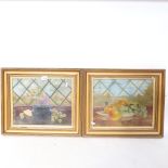 B Beynon?, pair of oils on board, still life studies by a window, signed, original gilt frames,