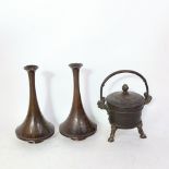 A pair of Chinese bronze dragon narrow-neck vases, and a Renaissance style bronze cauldron and