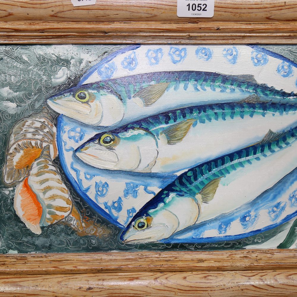 Clive Fredriksson, oil on board, mackerel on a platter, pine frame, overall 37cm x 56cm - Image 2 of 2