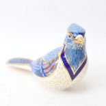 A Royal Crown Derby blue jay paperweight ornament, gold button, length 18cm