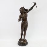 A large bronzed spelter figural sculpture, Diana, on black marble base, unsigned, overall height