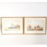 John Snelling, pair of watercolours, oasthouses and boats at Pin Mill, 25cm x 40cm, framed