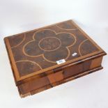 A large oyster veneered laburnum wood and cherrywood inlaid desk-top document box, with key,