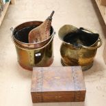 A 19th century copper and brass coal bucket, another brass bucket, bed warming pan a travelling...