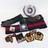 Scot's Guards horseshoe car badge, Regimental belts, medals and various insignias (boxful)