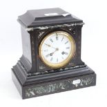 An early 20th century slate and green marble architectural 8-day mantel clock, case height 23cm,