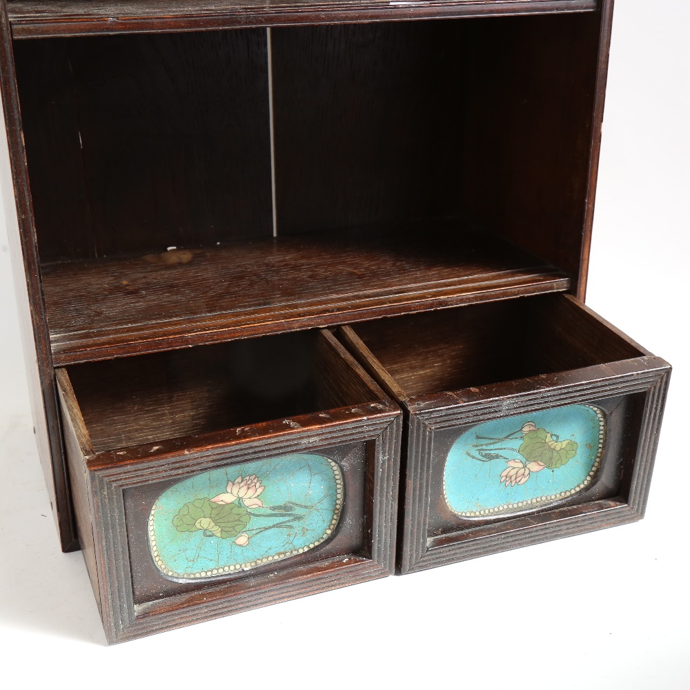 A Japanese hardwood table-top cabinet, with inset cloisonne enamel panelled drawers, H49cm, W39cm, - Image 2 of 2