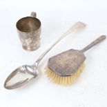 A silver christening tankard, silver-backed dressing table hair brush, and a silver plated gravy