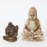 A small carved and polished jadeite Buddha figure, and another miniature brass model, largest height
