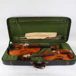 A 20th century violin, and a viola, with 3 bows, in double instrument hardshell case