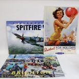 3 lithographed tin advertising signs, including Brighton, Spitfire V, and Butlins British