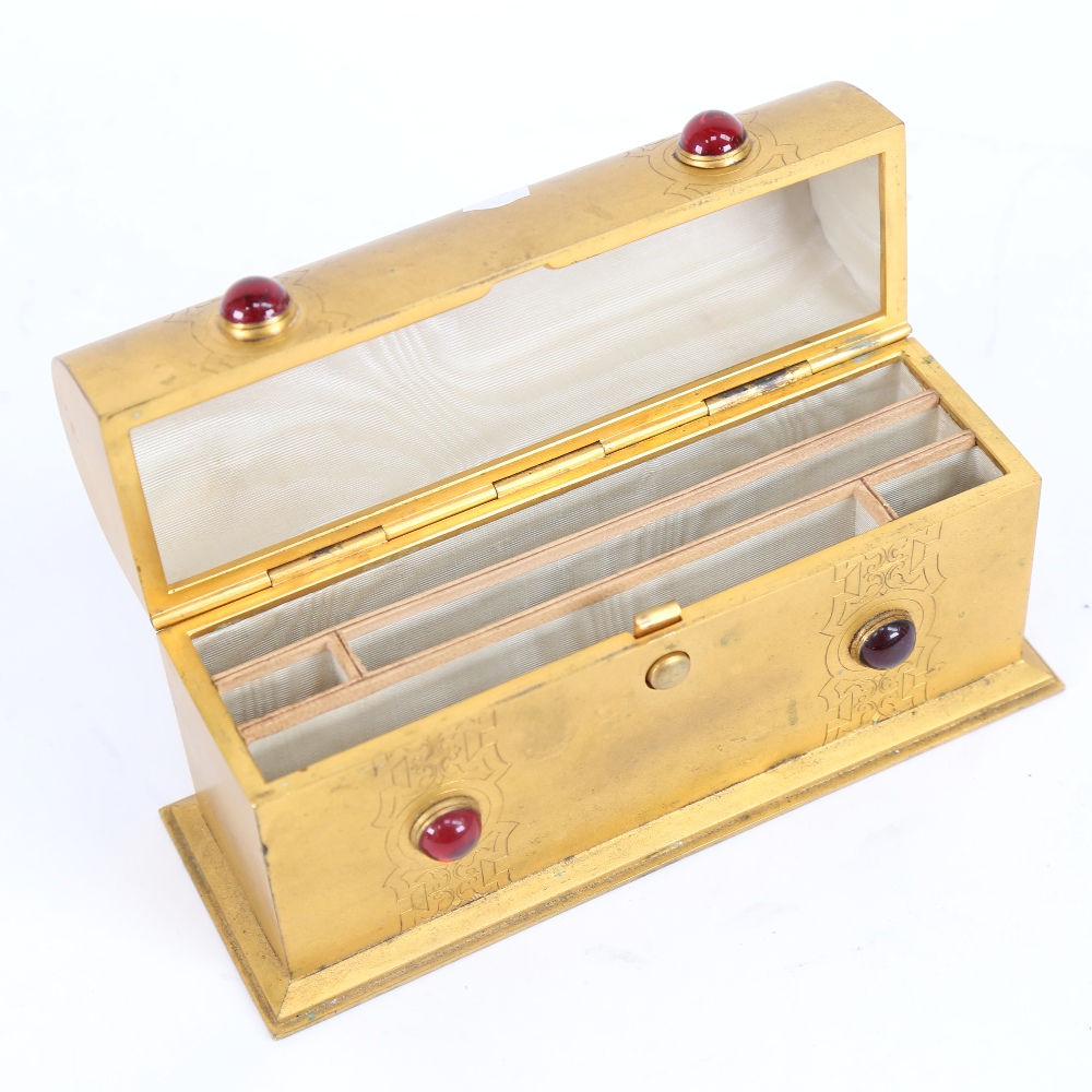 A small Gothic gilt-brass stone set dome-top stationery box, with engraved decoration, W17cm, - Image 2 of 2