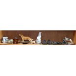 Various collectables, including green onyx ashtray and matching lighter, wall-mounted dog sculptures