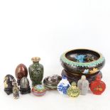 Various Oriental cloisonne enamel items, including pot pourri bowl, decorative eggs, snuff bottles
