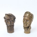 2 novelty figural brass walking cane knops, including toad, and man with laurel wreath (2)