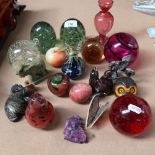 Various collectables, including glass paperweights, hardstone animal carvings etc