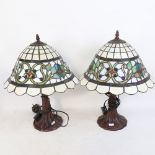 A pair of Tiffany style lead-light glass mosaic table lamps, overall height 43cm