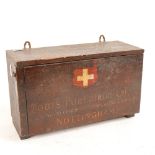 A Vintage Boots Pure Drug Company Ltd, wall-mounted First Aid box, with fall-front, instructions