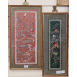 2 Chinese silk embroidered panels, framed, largest frame 64cm x 32cm