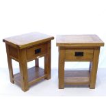 A pair of modern light oak lamp tables with single drawer, W50cm, H59cm