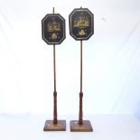 A pair of Antique pole screens, with Chinese black paper and gilt overlaid panels, H134cm