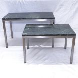 A graduated pair of 1970s nesting Verde Antico green marble coffee tables on brushed steel frames,