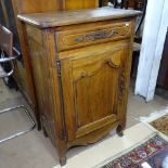 An Antique cherrywood side cabinet, single drawer, panelled cupboard under, W73cm, H111cm, D44cm