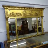 A giltwood and gesso triple over mantel mirror, with embossed decoration, W134cm, H89cm