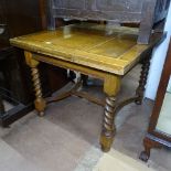 A square oak draw leaf dining table, on shaped stretcher and barley twist legs, W92cm, H75cm