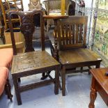 A carved oak hall chair with figural back, another, and a stained beech jardiniere stand (3)