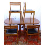 A mid-century teak dining room suite, comprising a bow-end drop leaf dining table, 4 matching chairs