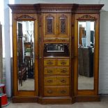 A late Victorian walnut 3-section break-front compactum wardrobe, W206cm, H217cm, D70cm