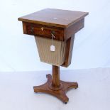 A 19th century rosewood sewing table, with single frieze drawer and sliding basket under, on yolk