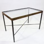 A 1960s Italian iron table with bronze edge and glass top, height 74cm x L 116cm x W 70cm Good