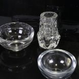 LISKEARD GLASS knobbly vase and 2 thick walled clear glass bowls, vase height 15cm Vase has makers