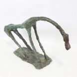 A stylised abstract patinated bronze figure of a horse, signed MM and painted numbers to
