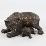 A patinated bronze bear and cub design desktop box, with hinged compartment on his back, length 12cm