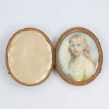 19th century miniature painted portrait on ivory, depicting a young girl wearing a lace-trimmed