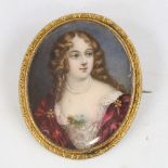 Early 19th century miniature painting on ivory, portrait of a woman wearing a floral trimmed