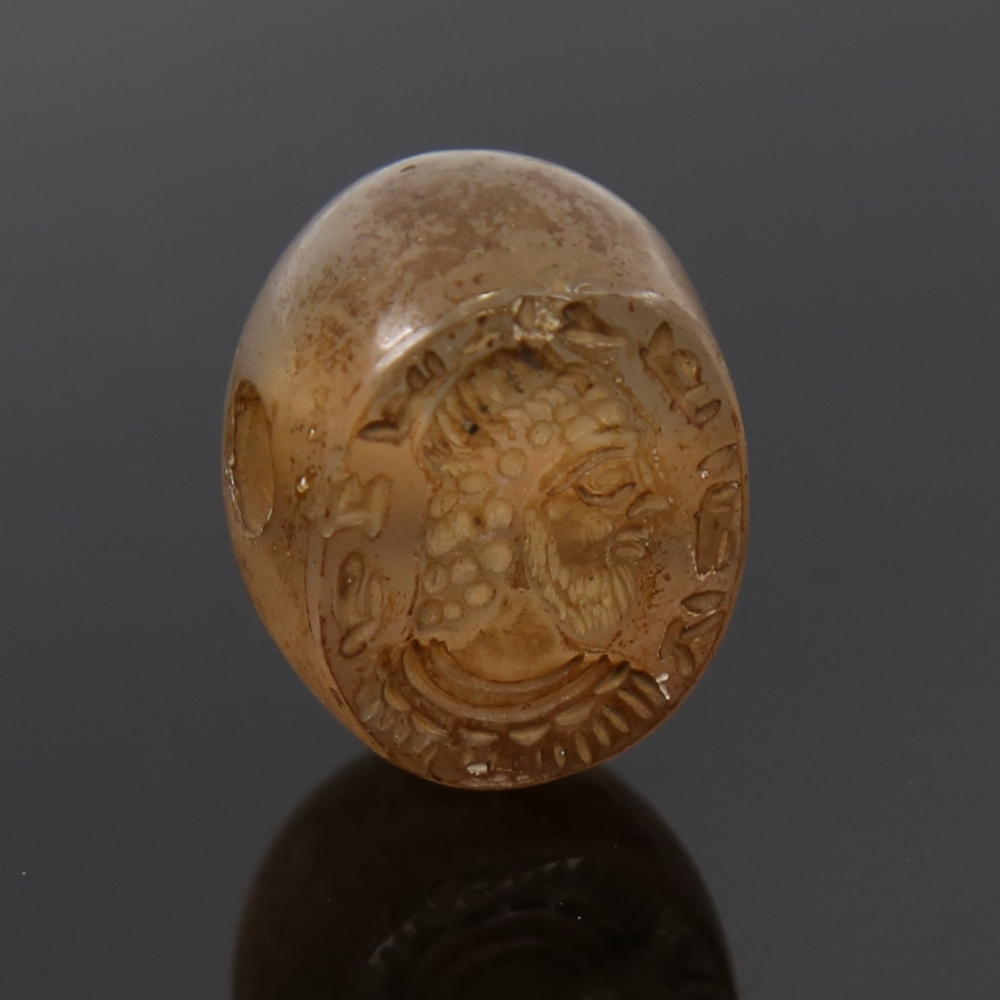 Roman agate pendant seal, intaglio carved head portrait of a man, pendant holes, panel size 20mm x