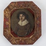 An Antique miniature oil on panel, portrait of a gentleman wearing a ruff, indistinct handwritten