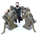 After Auguste Moreau, a pair of half-size patinated bronze reclining Classical nude figures on